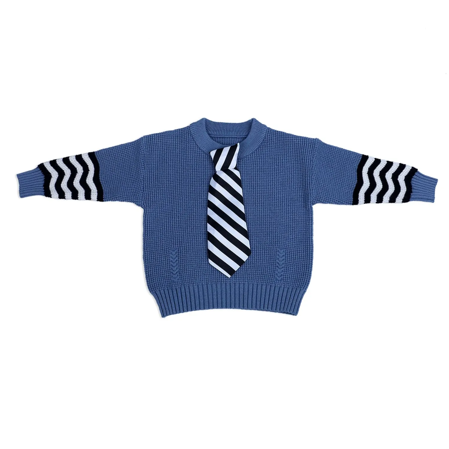 3D Neck Tie Premium Full Sleeves Knitted Sweater - Blue