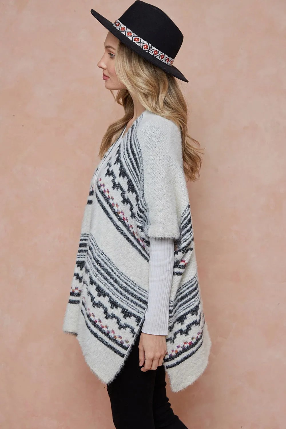 Aztec Pattern Open Front Open Kimono Style Eyelash Yarn Sweater Cardigan