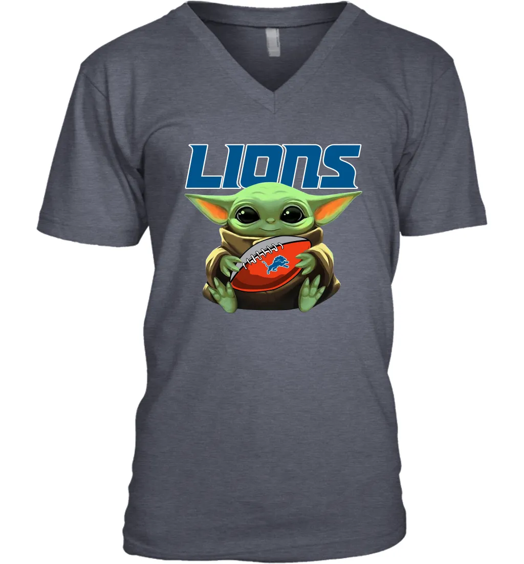 Baby Yoda Loves The Detroit Lions Star Wars Baby Yoda Hugs Lions NFL Mens V-Neck T-Shirt