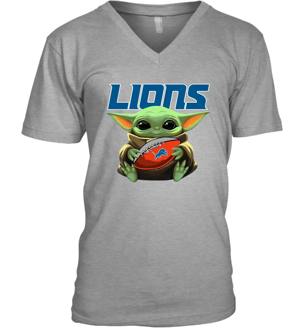 Baby Yoda Loves The Detroit Lions Star Wars Baby Yoda Hugs Lions NFL Mens V-Neck T-Shirt