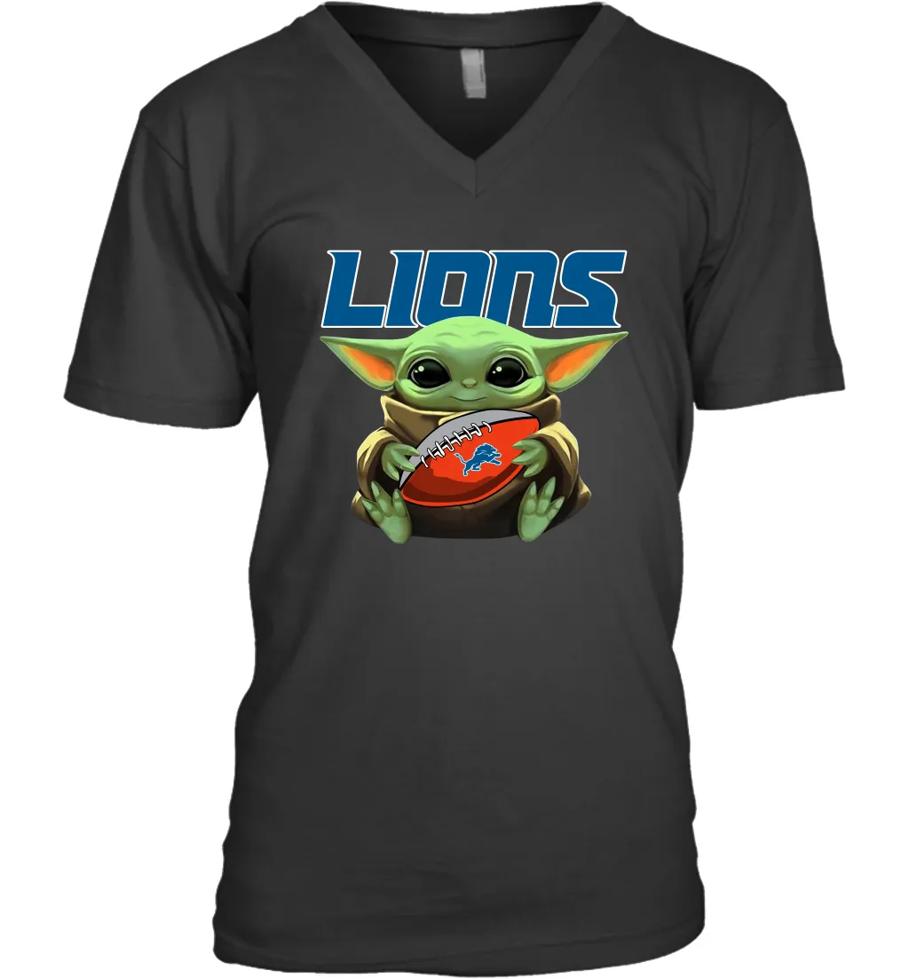 Baby Yoda Loves The Detroit Lions Star Wars Baby Yoda Hugs Lions NFL Mens V-Neck T-Shirt