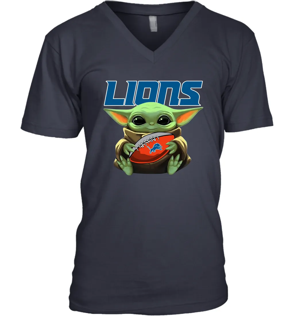 Baby Yoda Loves The Detroit Lions Star Wars Baby Yoda Hugs Lions NFL Mens V-Neck T-Shirt