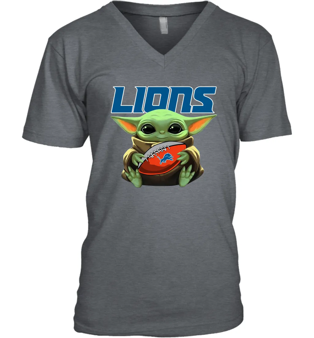 Baby Yoda Loves The Detroit Lions Star Wars Baby Yoda Hugs Lions NFL Mens V-Neck T-Shirt