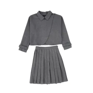 Bamboo Heather Gray Wool Pleated Skirt And Jacket Set