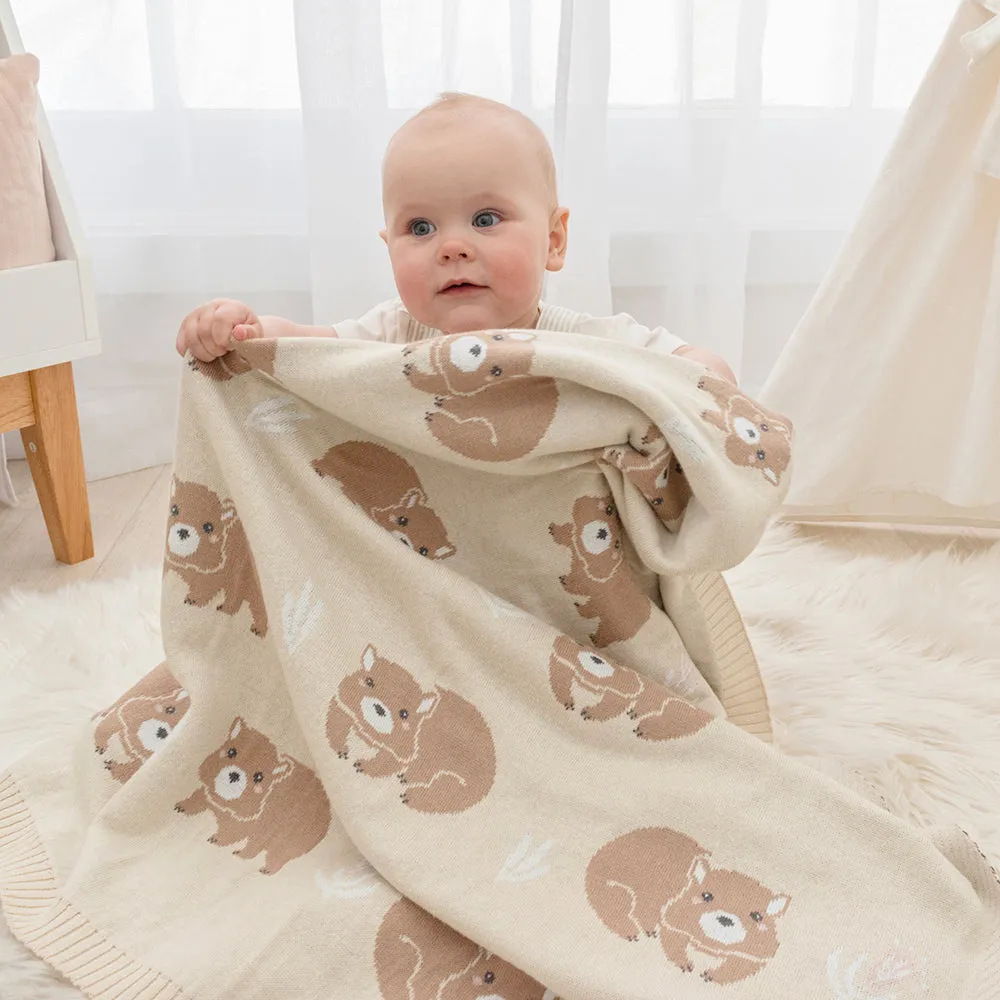 Cotton Knit Australiana Baby Blanket - Fawn Wombat