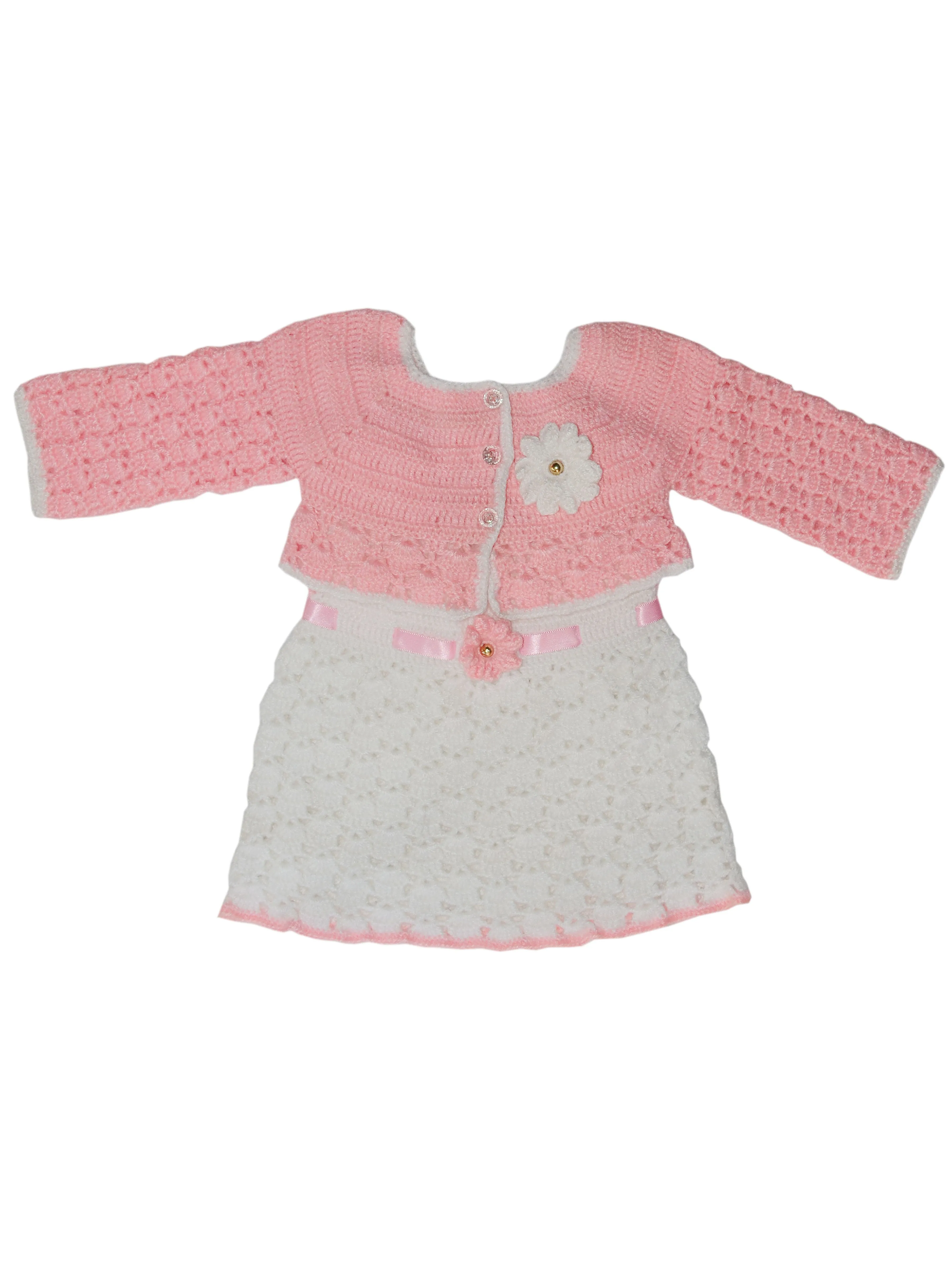 Handmade Woolen Crochet Baby Frock With Short Jacket Sweater Set (4Pcs Set) - White & Pink