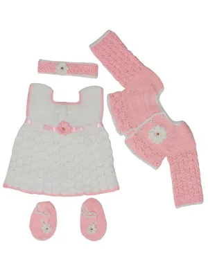 Handmade Woolen Crochet Baby Frock With Short Jacket Sweater Set (4Pcs Set) - White & Pink