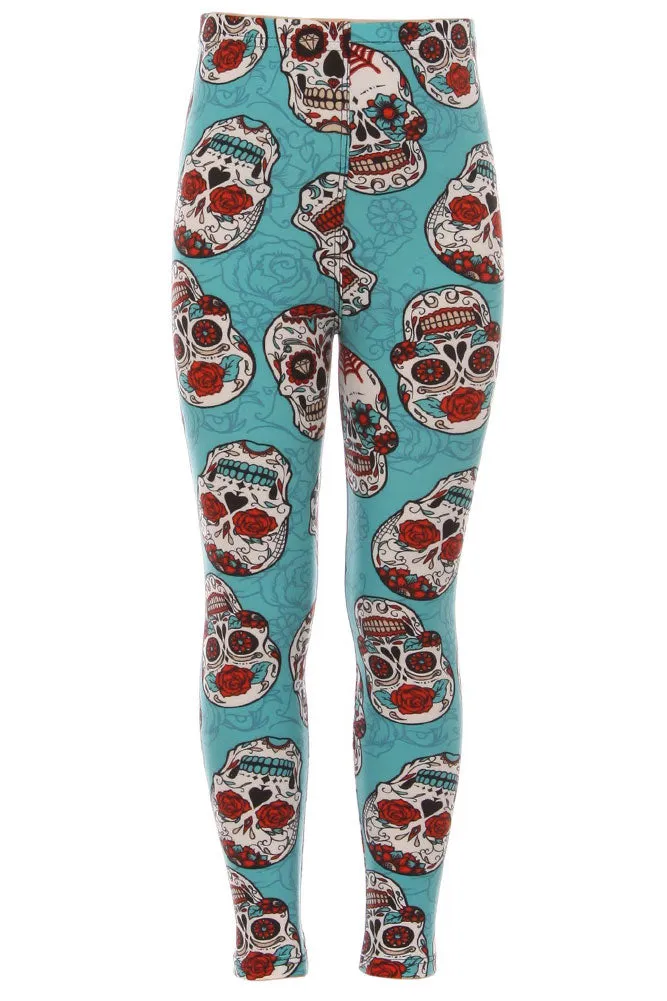 Kid's Teal Sugar Skulls Pattern Printed Leggings