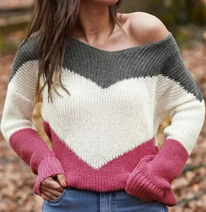 New European And American Foreign Trade Knitwear Amazon Popular Color Matching V-Neck Long Sleeve Loose Knit Sweater