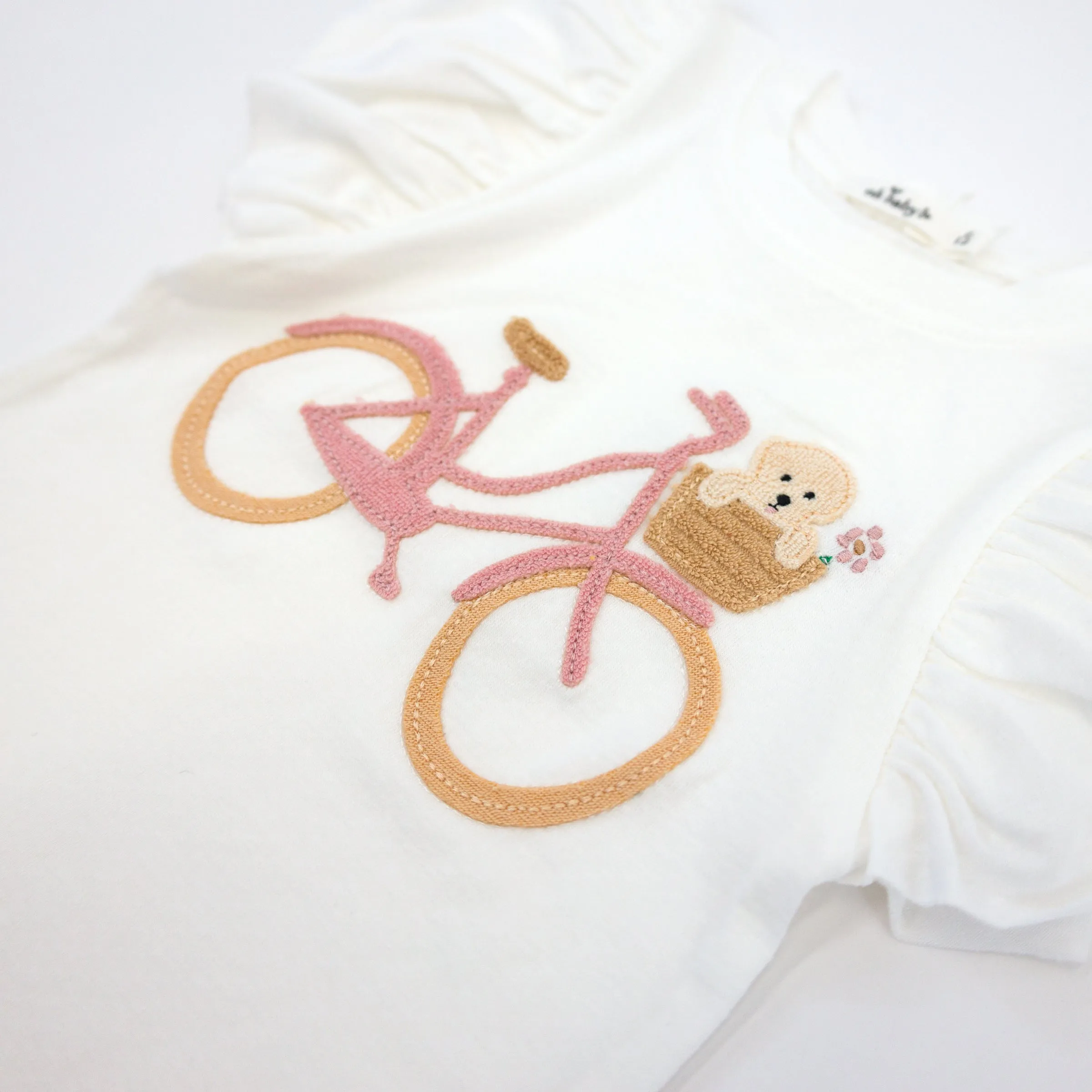 oh baby! Butterfly Short Sleeve Cotton Tee - Bicycle Puppy Basket Applique - Oyster