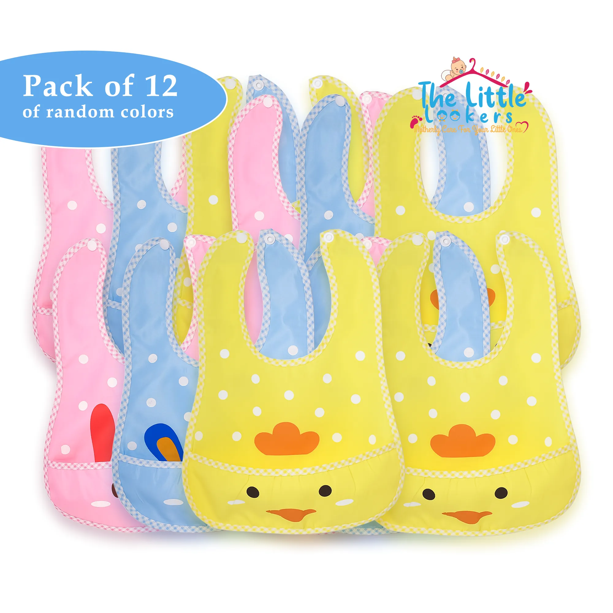 THE LITTLE LOOKERS Baby Button Bibs/Apron Cute Animated Print|with Tich Button & Front Pockets| Easy to Wipe Waterproof PVC Material for Newborns/Infants