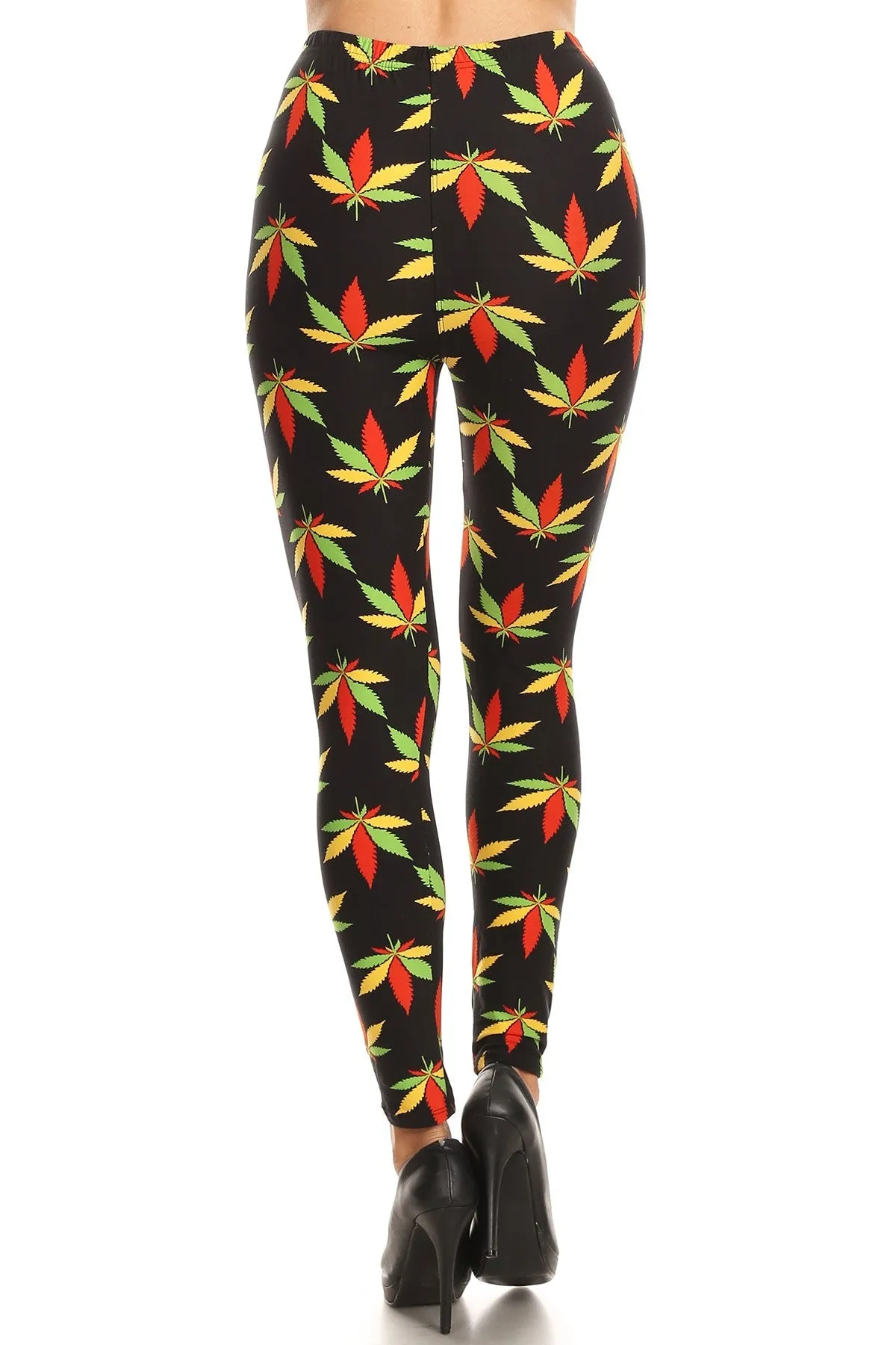 Women's 3X 5X Colorful Leaf Plant Pattern Printed Leggings - Red Green