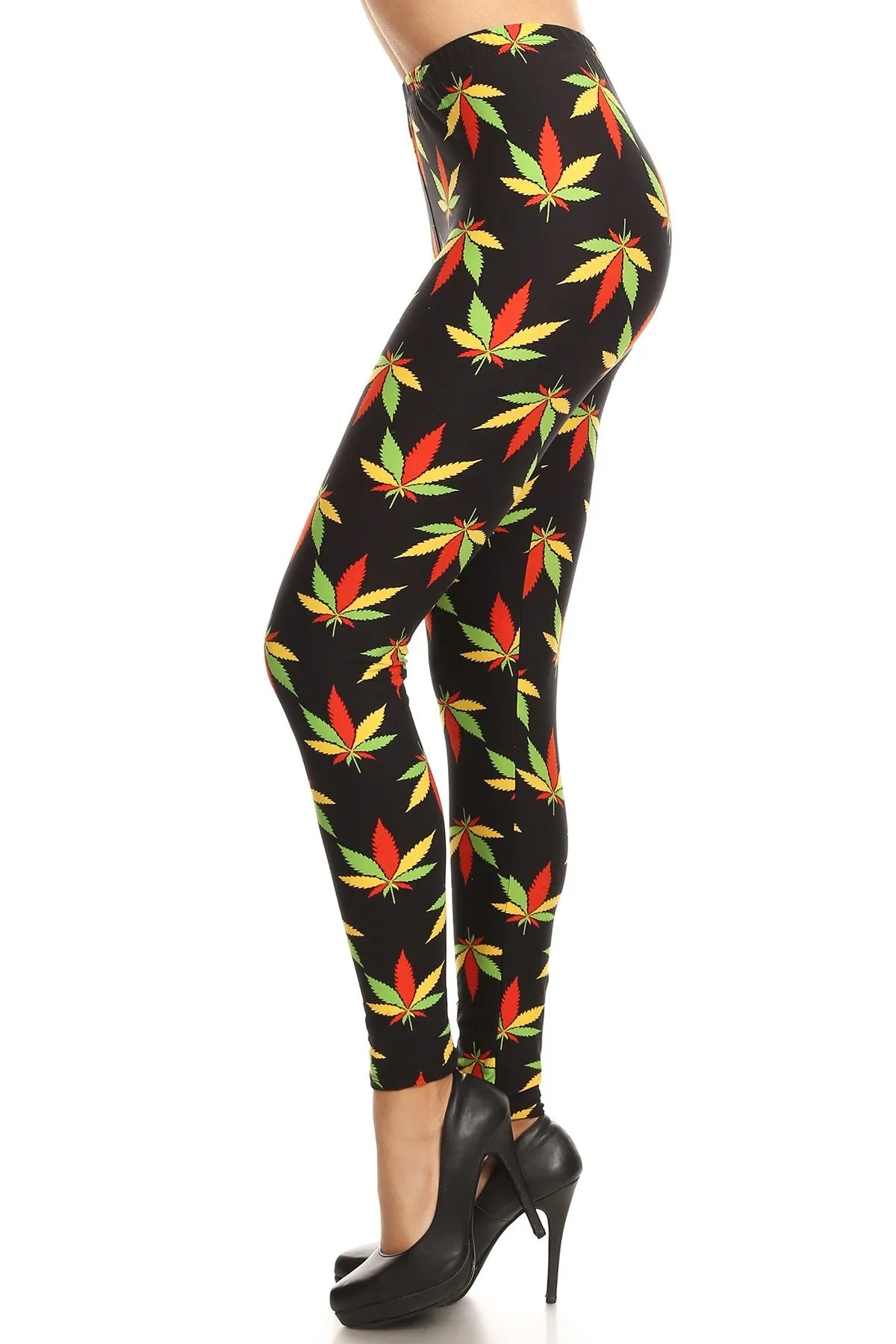 Women's 3X 5X Colorful Leaf Plant Pattern Printed Leggings - Red Green