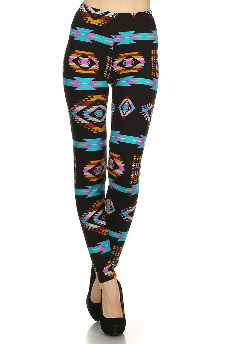 Women's Plus colorful Aztec Pattern Printed Leggings - Black Pink