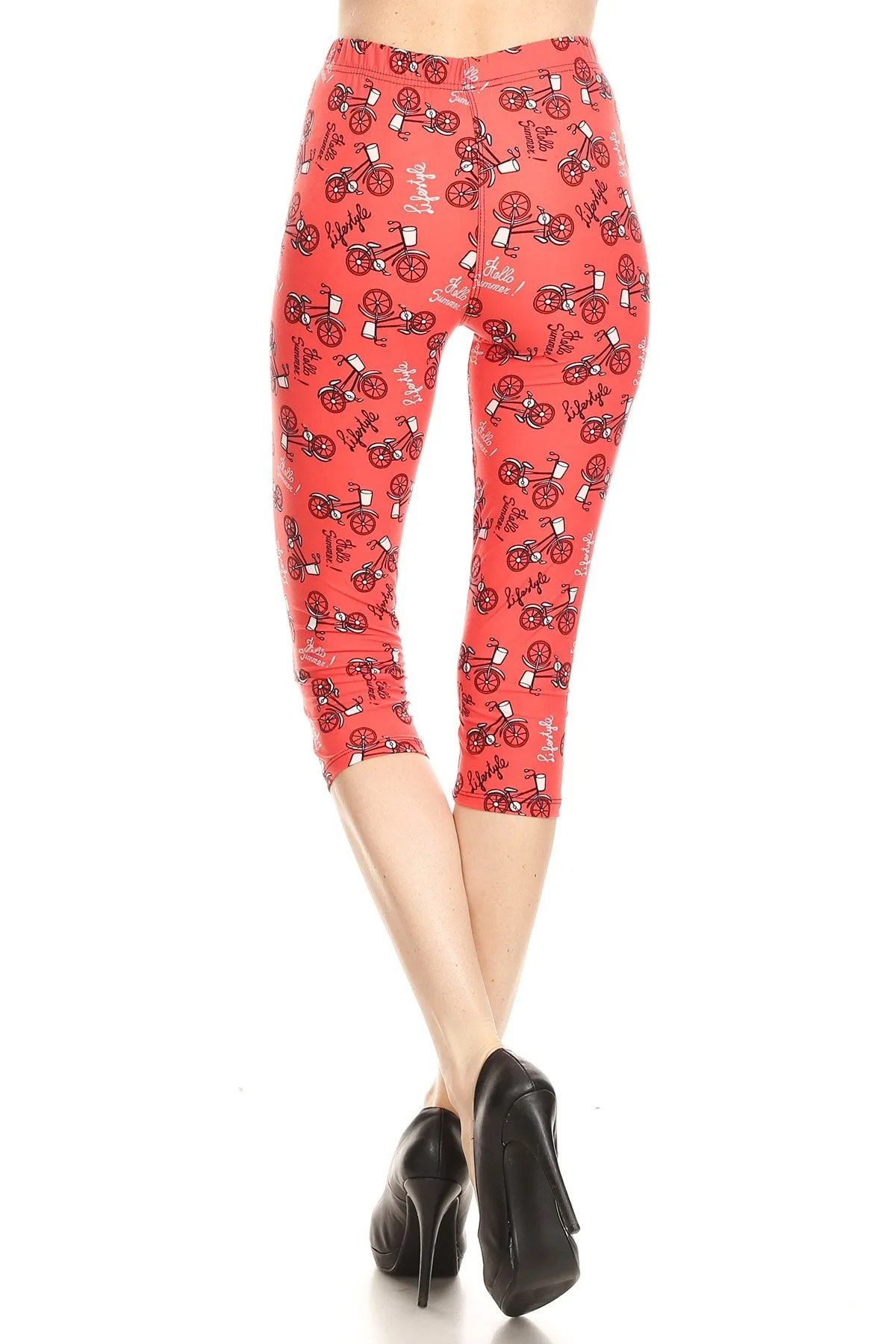 Women's Regular Bicycle in Coral Lifestyle Printed Cropped Capri Leggings