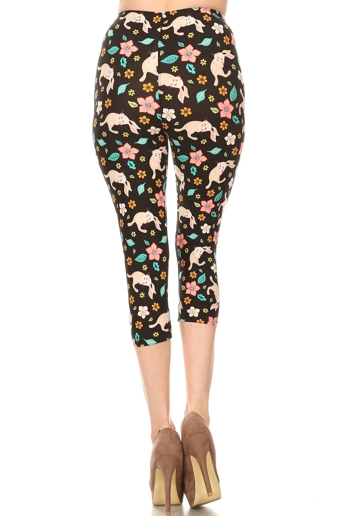 Women's Regular colorful Bunnies Flowers Printed Cropped Capri Leggings