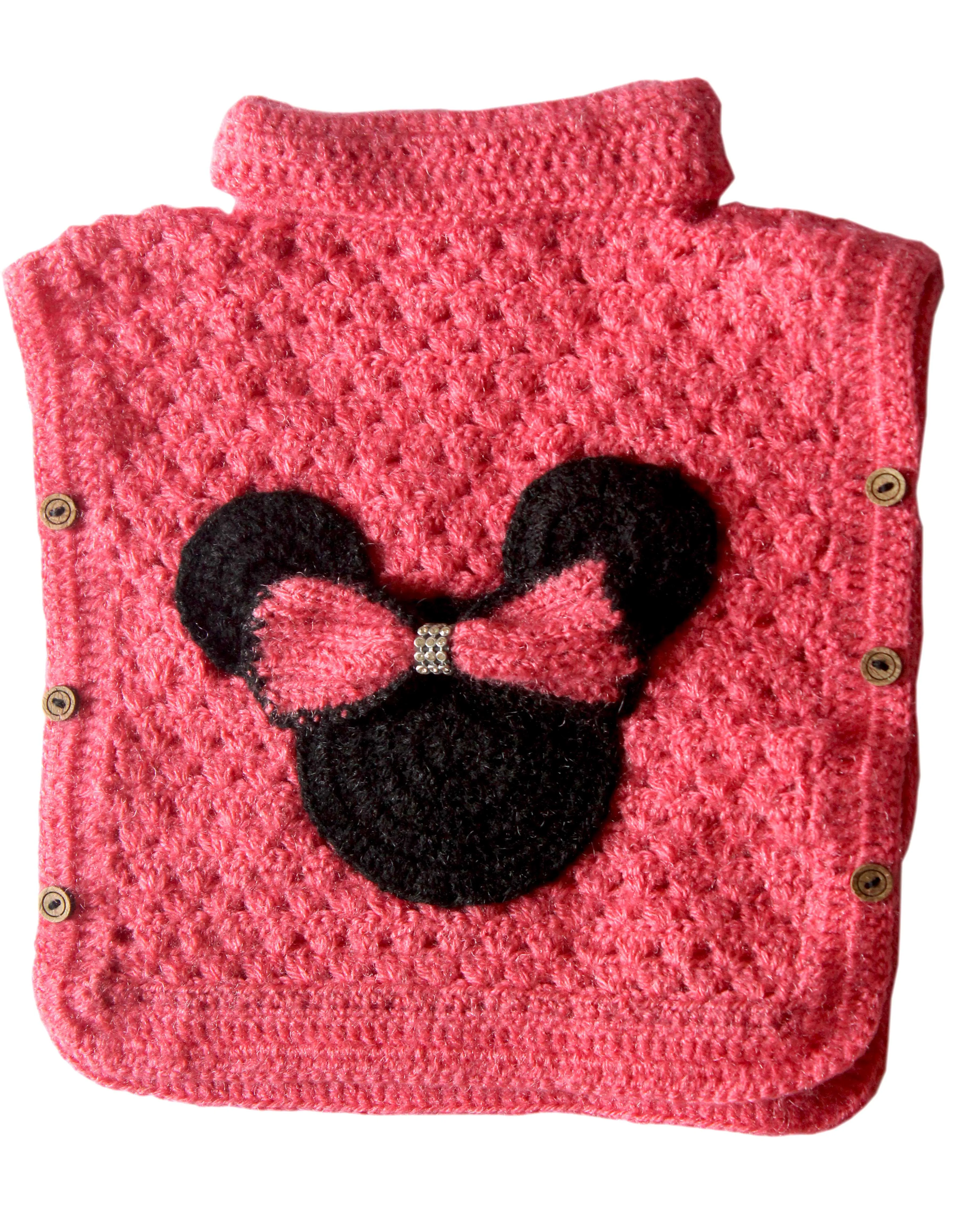 Woolen Crochet Design Turtle Neck Disney Style Applique For New Born Baby- Violet Red